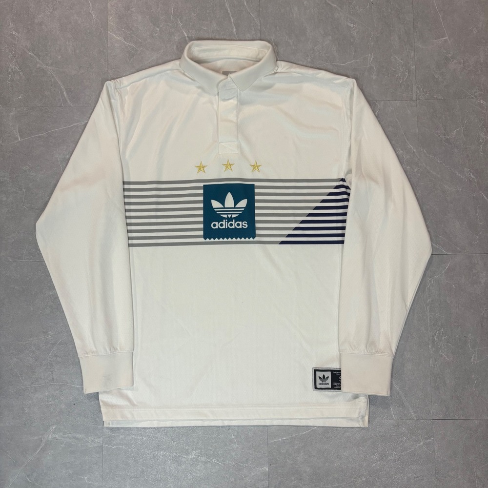 Adidas Originals Mens Long Sleeve Polo Shirt White Graphic Trefoil Stars Small